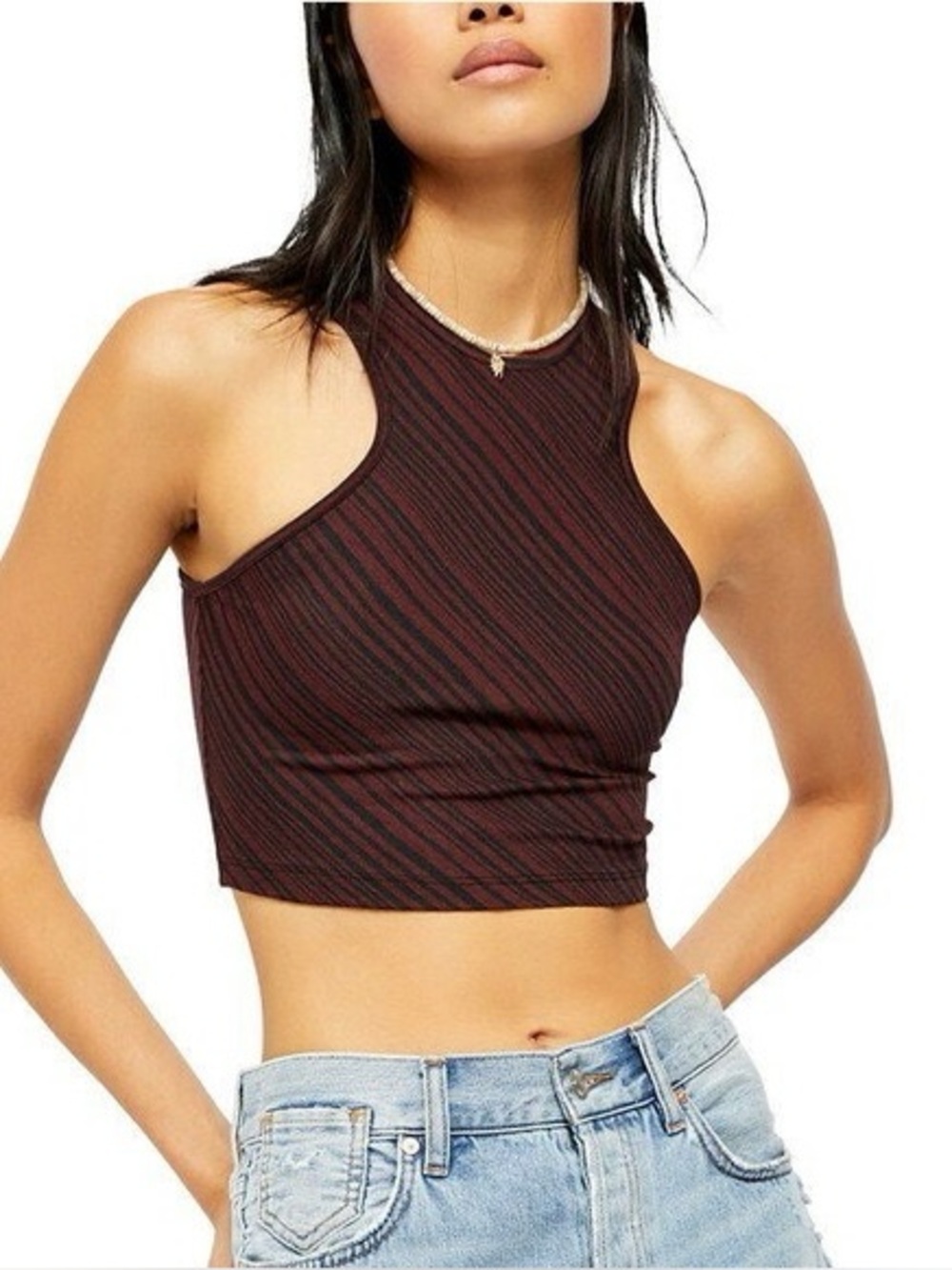 Free People Burgundy & Black Striped High Neck Tessa Crop Tank Top Size Large